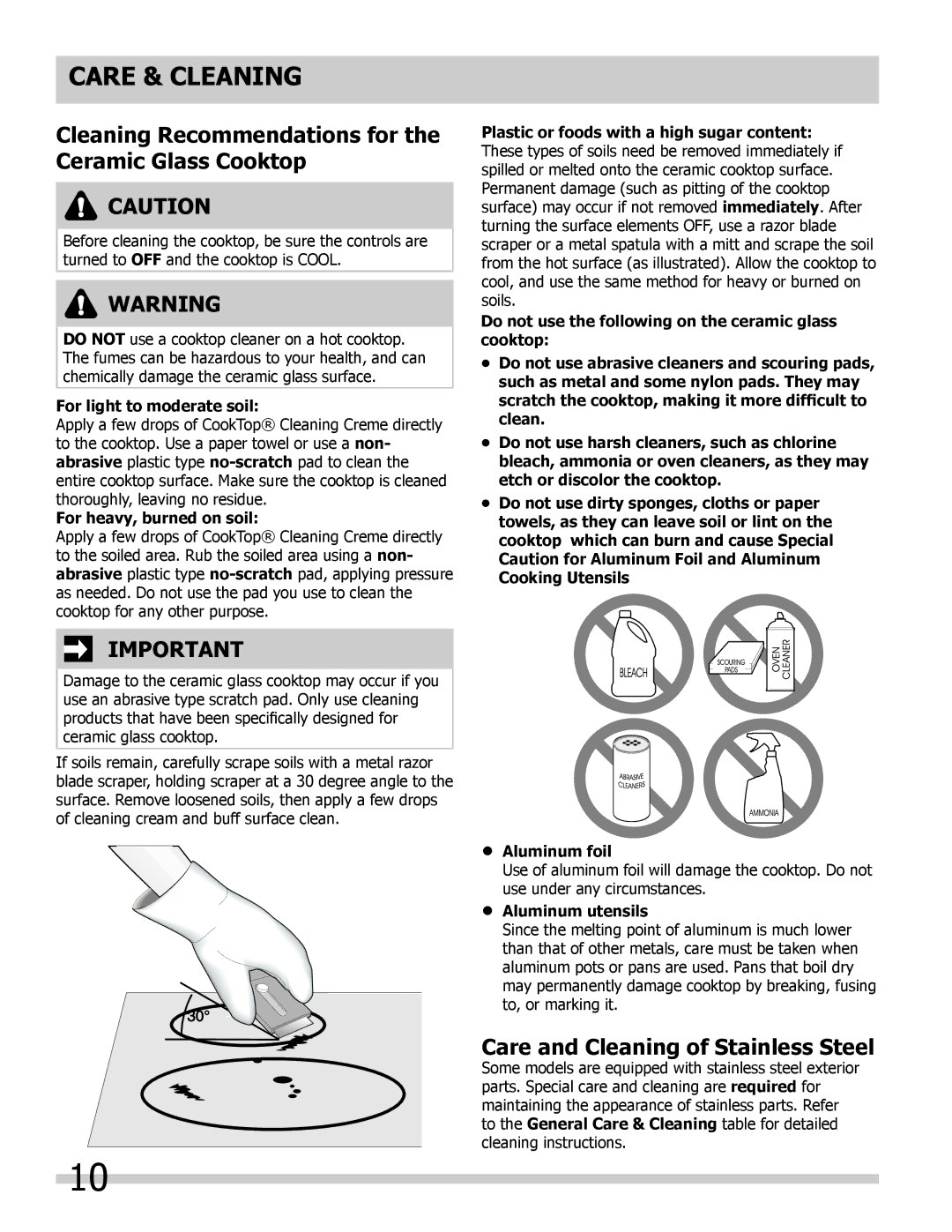 Frigidaire FGEC3065KB Cleaning Recommendations for the Ceramic Glass Cooktop, Care and Cleaning of Stainless Steel 