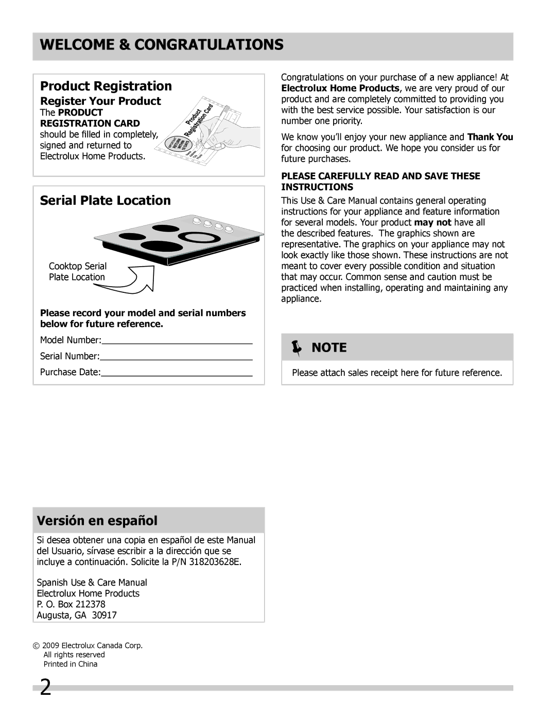 Frigidaire FGEC3645KB Welcome & Congratulations, Product Registration, Serial Plate Location, Versión en español 