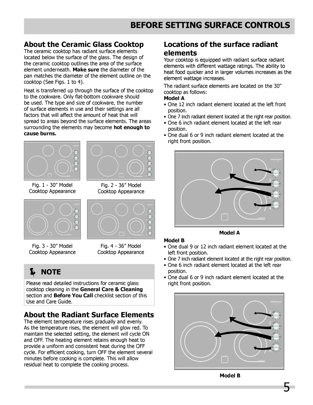 Frigidaire FGEC3665KB Before Setting Surface Controls, About the Ceramic Glass Cooktop, About the Radiant Surface Elements 