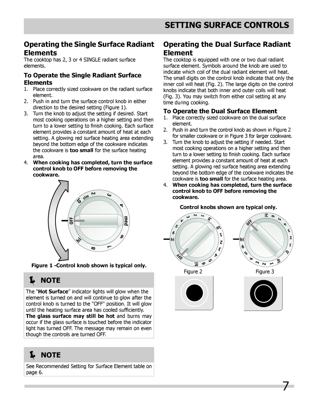 Frigidaire FGEC3045KS, FGEC3645KW, FGEC3645KS Setting surface controls, Operating the Single Surface Radiant Elements 