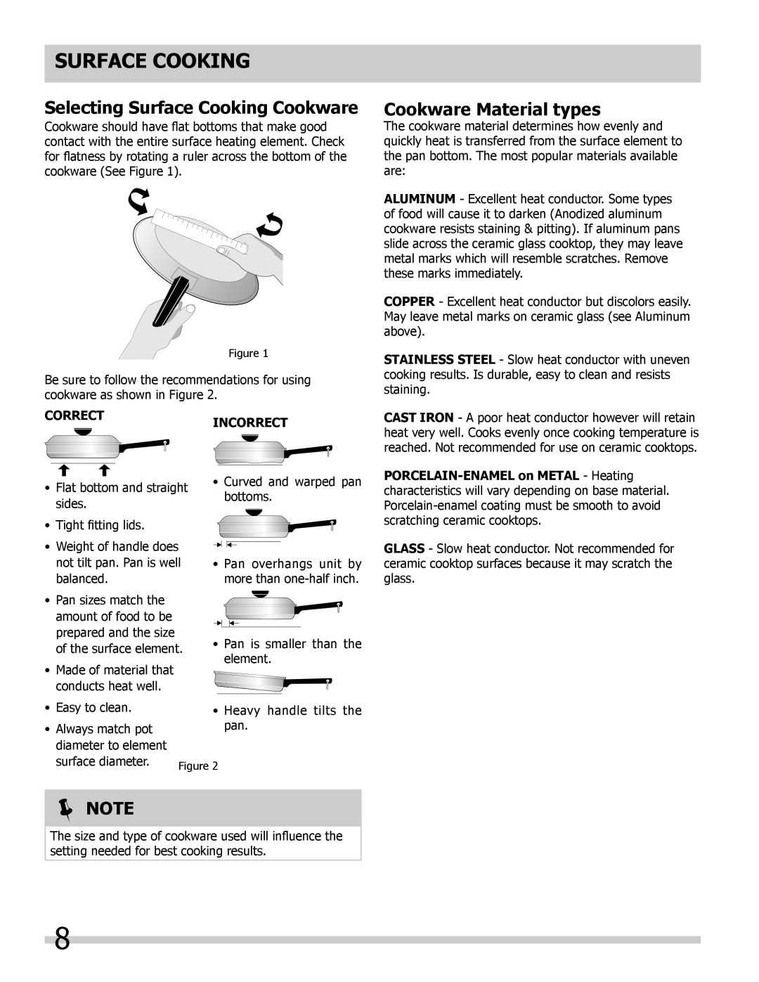 Frigidaire FGEC3067MS, FGEC3645KW, FGEC3645KS Selecting Surface Cooking Cookware, Cookware Material types, Correctincorrect 