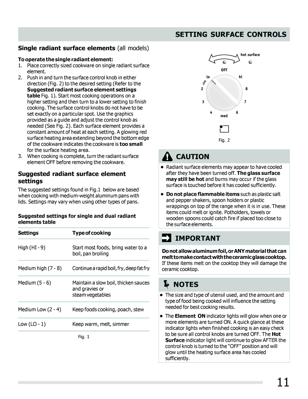 Frigidaire FGEF3030PF important safety instructions Setting Surface Controls, Single radiant surface elements all models 