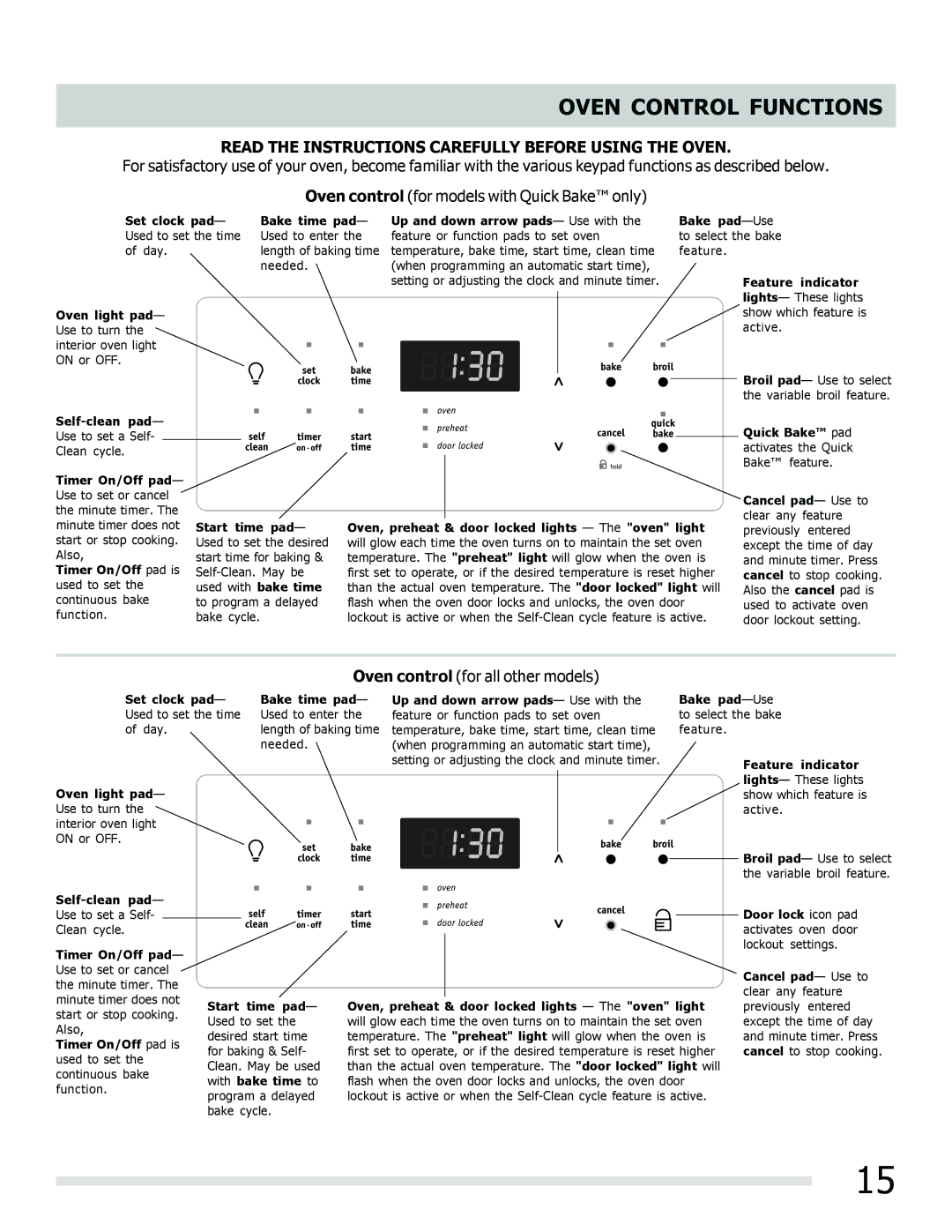 Frigidaire FGEF3030PF Oven Control Functions, Read the Instructions Carefully Before Using the Oven 