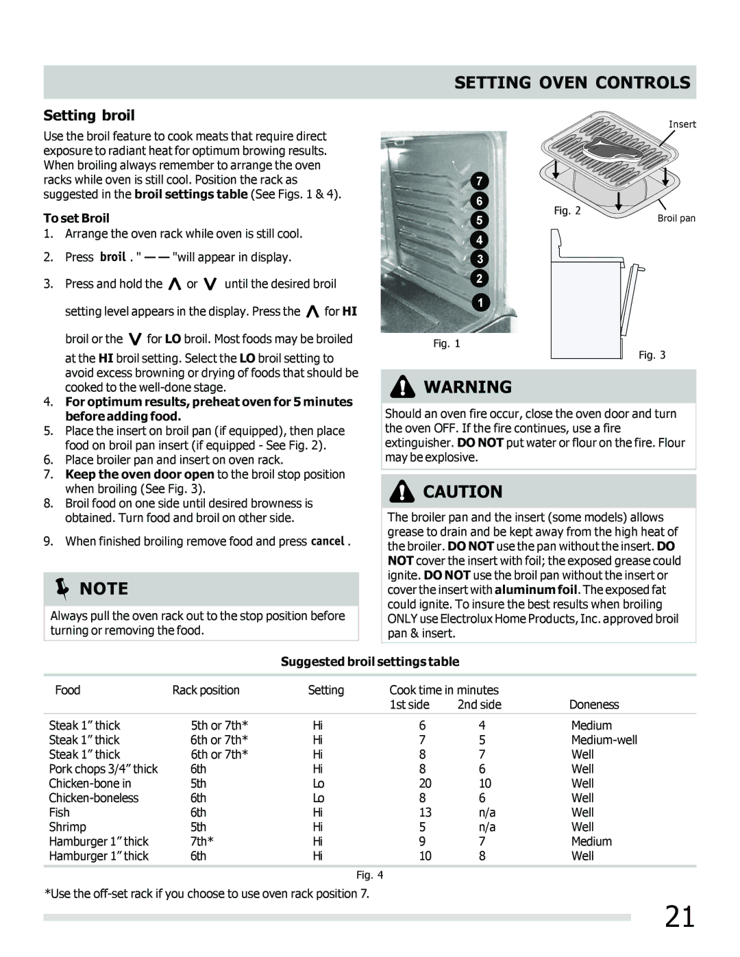 Frigidaire FGEF3030PF important safety instructions Setting broil, To set Broil, Suggested broil settings table 