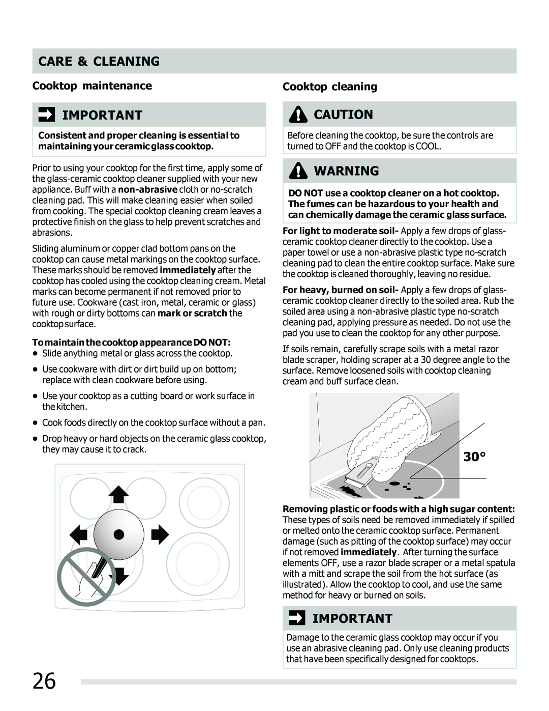 Frigidaire FGEF3030PF Cooktop maintenance, Cooktop cleaning, To maintain the cooktop appearance do not 