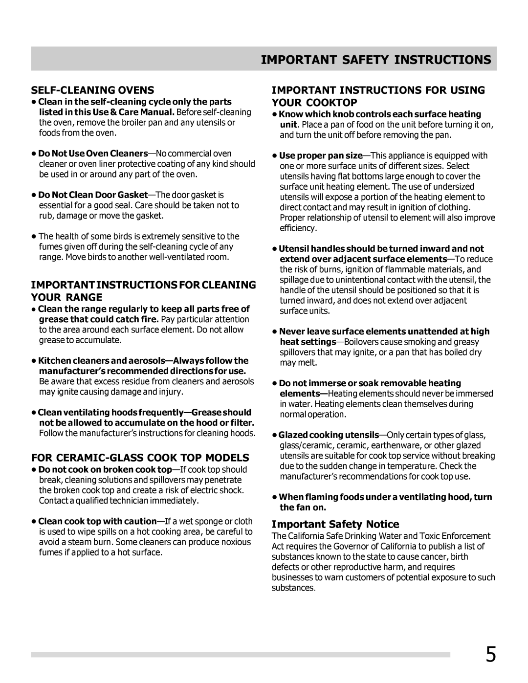 Frigidaire FGEF3030PF Important Safety Notice, When flaming foods under a ventilating hood, turn the fan on 