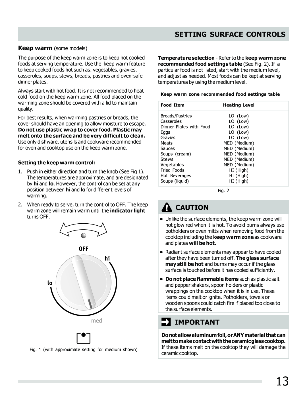 Frigidaire FGEF3030PF important safety instructions Setting Surface Controls 