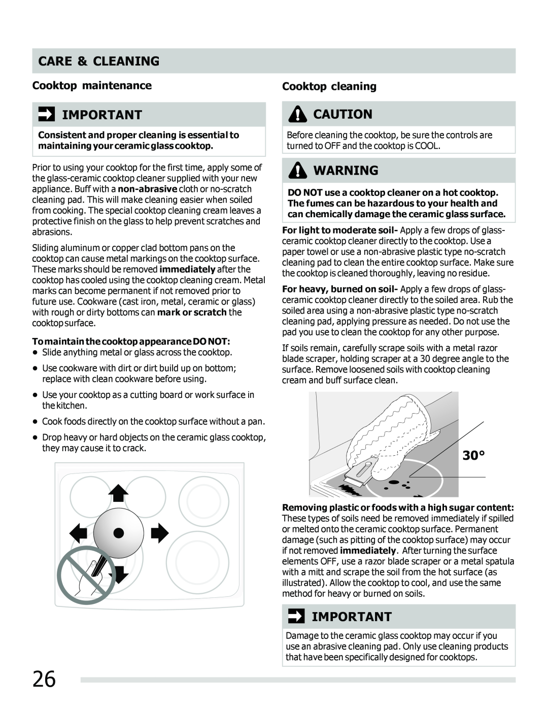 Frigidaire FGEF3030PF important safety instructions Cooktop maintenance, Cooktop cleaning, Care & Cleaning 