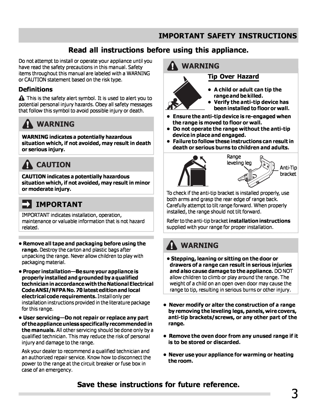 Frigidaire FGEF3030PF Important Safety Instructions, Read all instructions before using this appliance, Definitions 