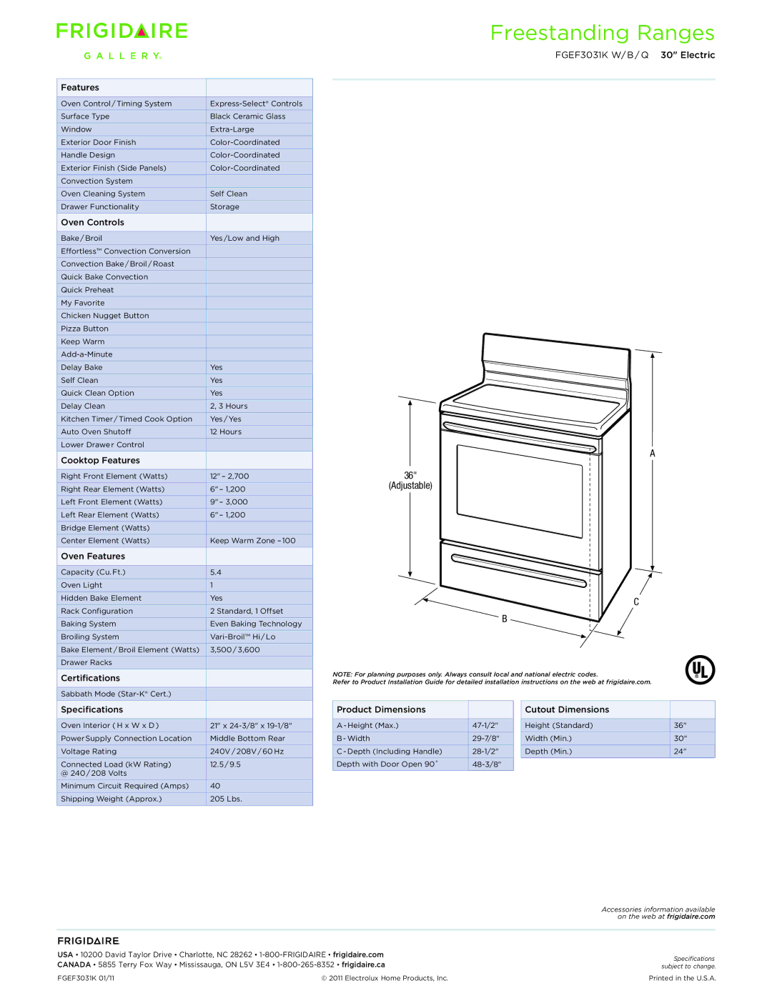 Frigidaire FGEF3031K dimensions Adjustable, Features 