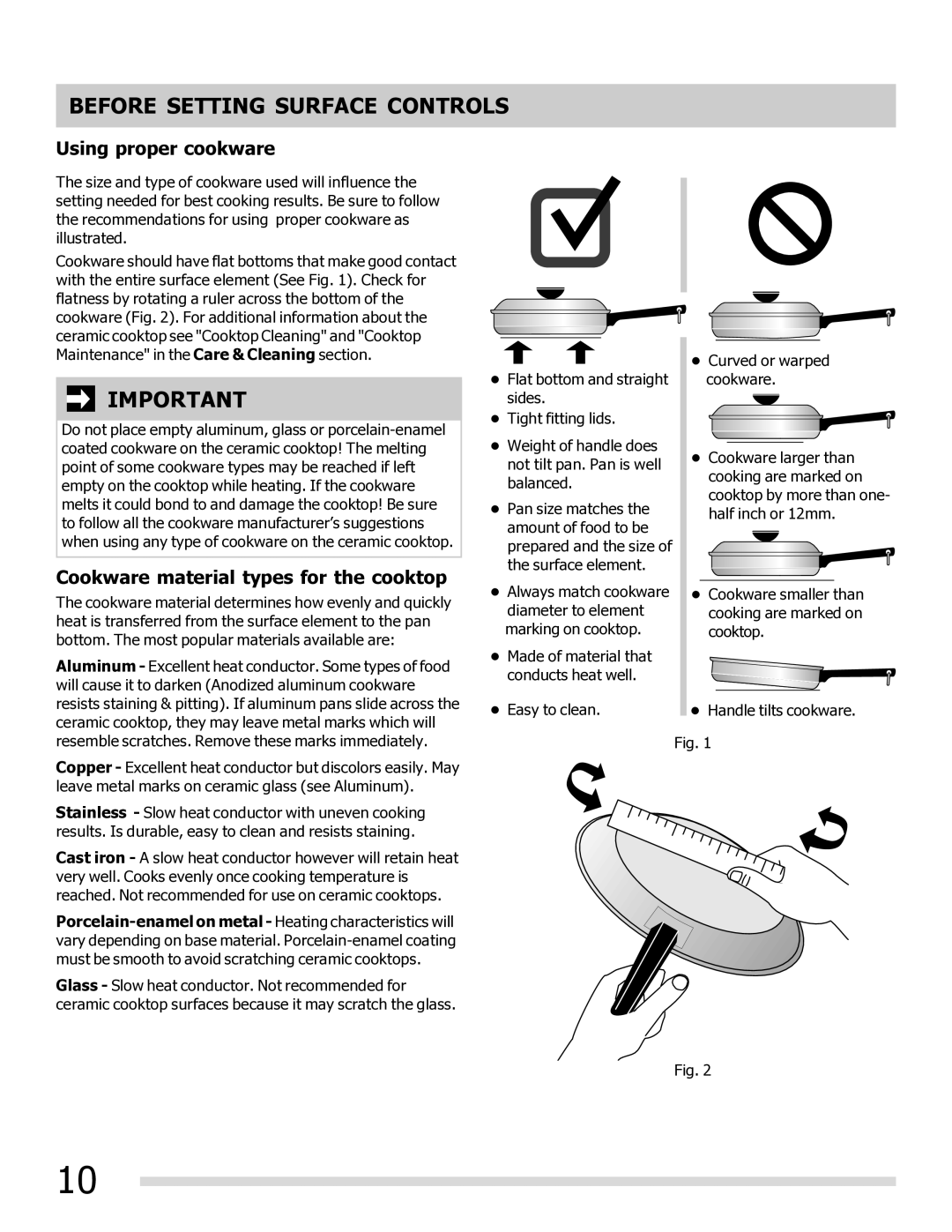 Frigidaire DGEF3031KW, FGEF3032MW, FGEF3032MB, FGEF3032MF Using proper cookware, Cookware material types for the cooktop 