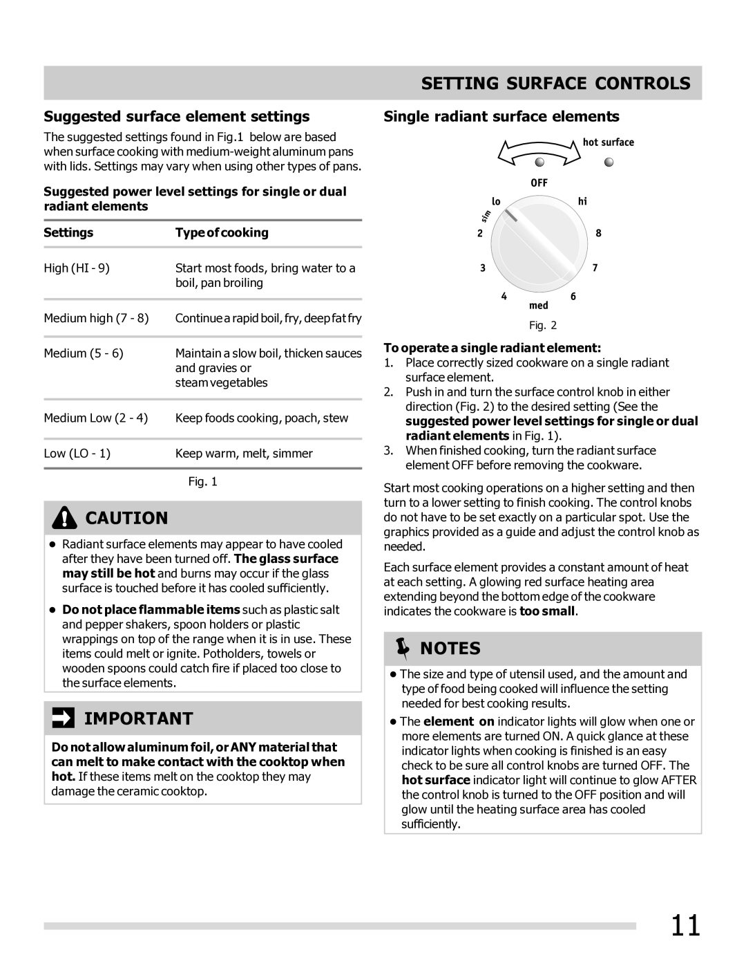 Frigidaire DGEF3041KF Setting Surface Controls, Suggested surface element settings, Single radiant surface elements 