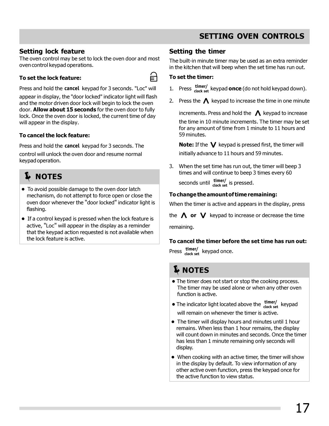 Frigidaire FGEF3032MW, FGEF3032MB, FGEF3032MF, DGEF3041KF-PKG, DGEF3031KW Setting lock feature, Setting the timer 