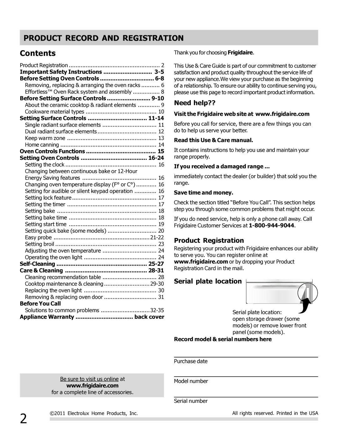 Frigidaire FGEF3032MF, FGEF3032MW, FGEF3032MB, DGEF3041KF-PKG, DGEF3031KW Product Record and Registration, Contents 