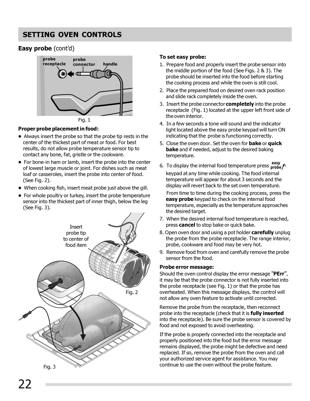 Frigidaire DGEF3031KW Easy probe cont’d, Proper probe placement in food, To set easy probe, Probe error message 