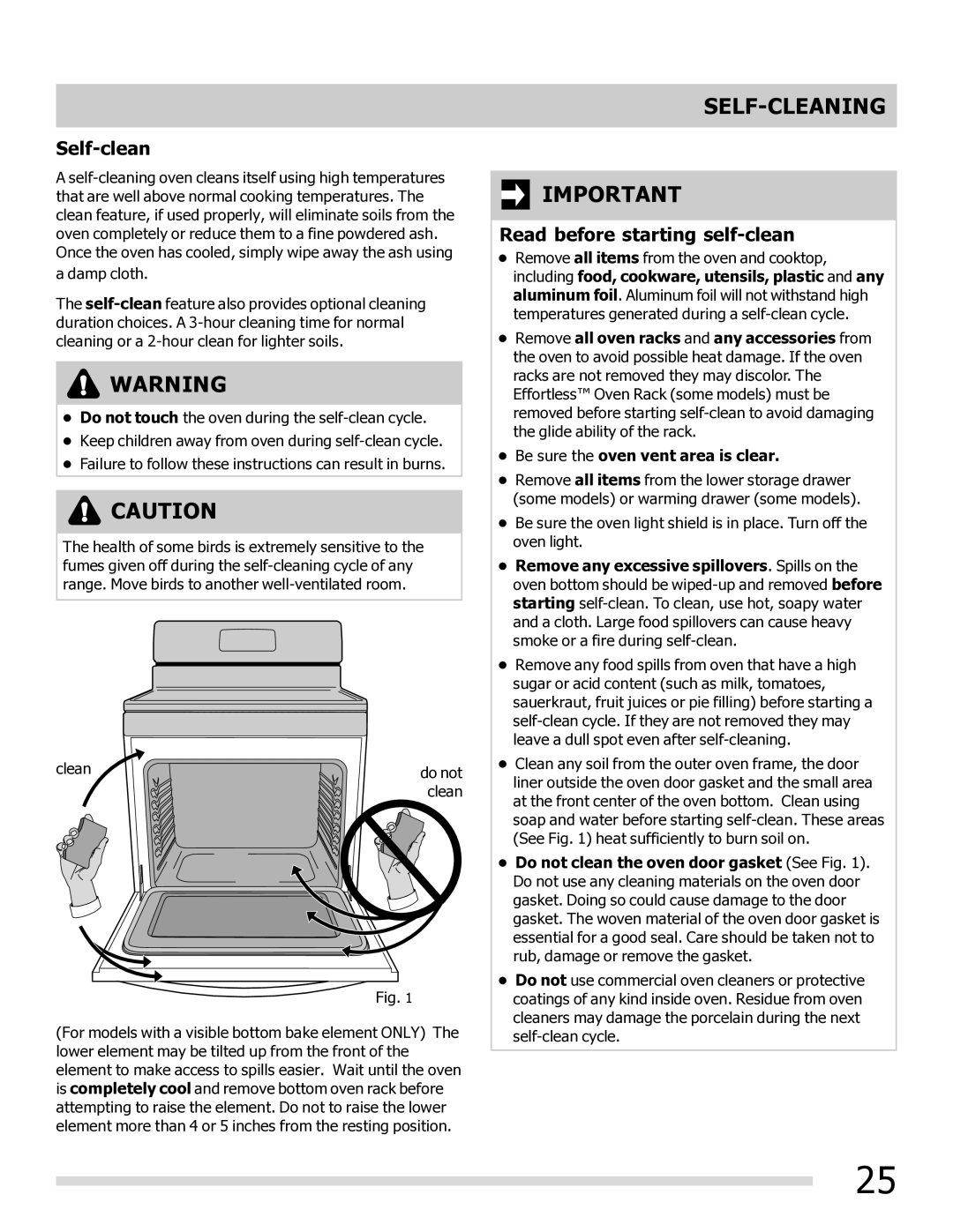 Frigidaire FGEF3032MB, FGEF3032MW, FGEF3032MF, DGEF3041KF-PKG Self-Cleaning, Self-clean, Read before starting self-clean 