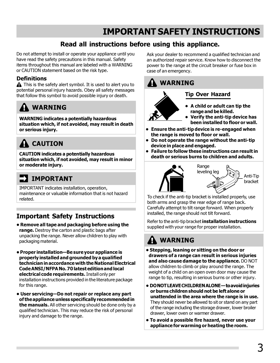 Frigidaire DGEF3041KF-PKG, FGEF3032MW, FGEF3032MB, FGEF3032MF, DGEF3031KW Definitions, Tip Over Hazard 