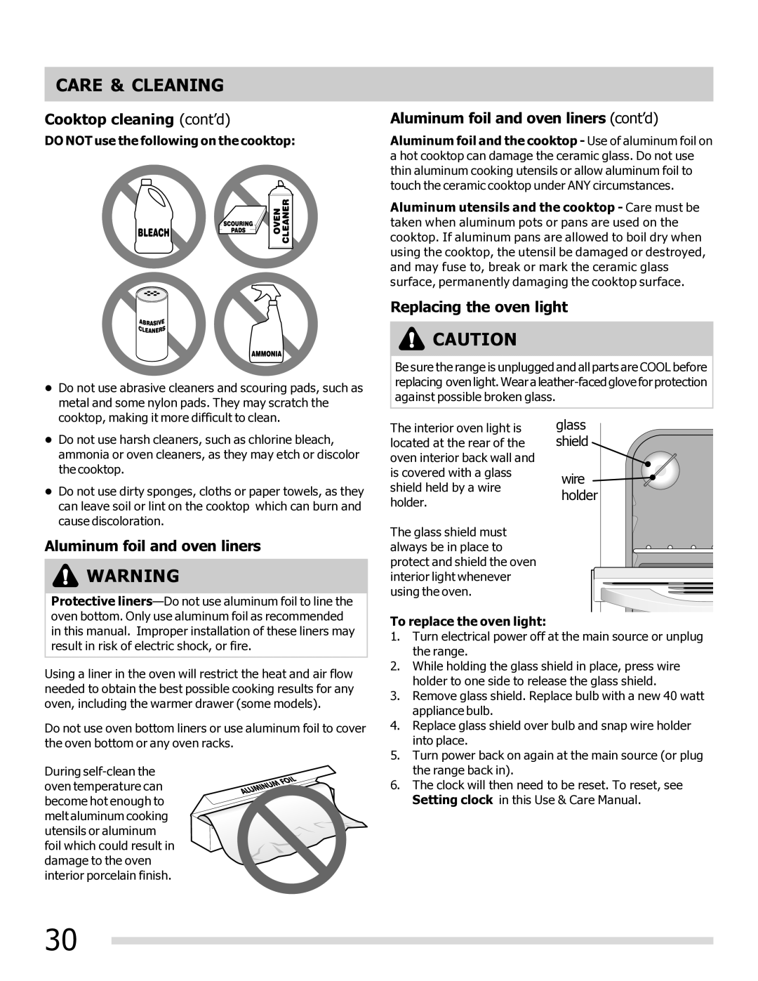 Frigidaire FGEF3032MW Cooktop cleaning cont’d, Aluminum foil and oven liners cont’d, Replacing the oven light 