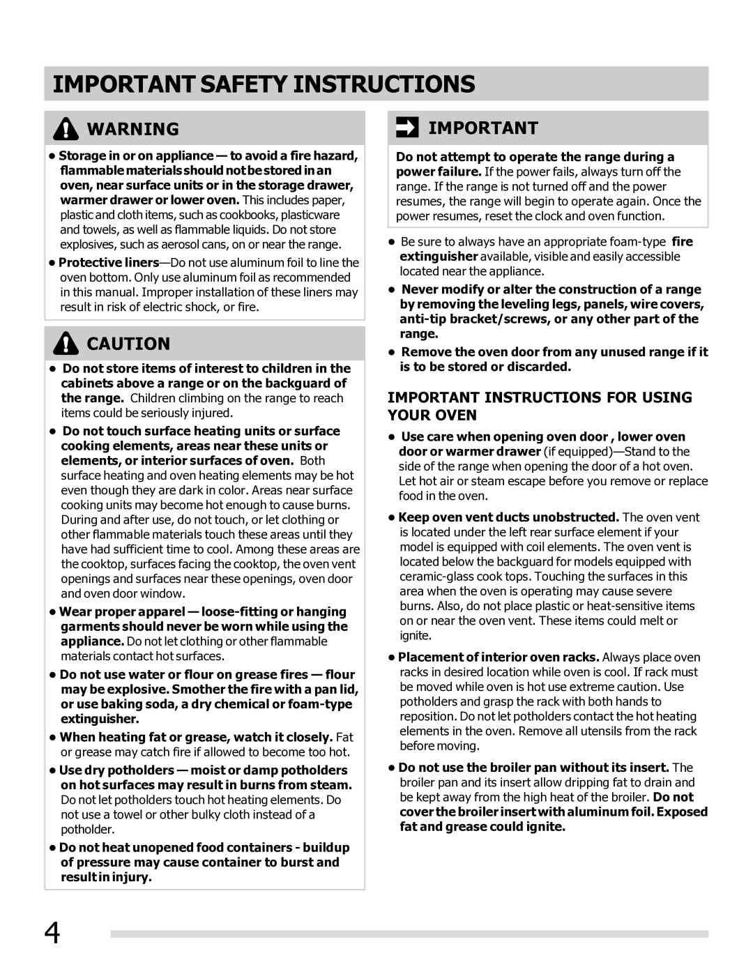 Frigidaire DGEF3031KW, FGEF3032MW, FGEF3032MB, FGEF3032MF, DGEF3041KF-PKG Important Instructions for Using Your Oven 