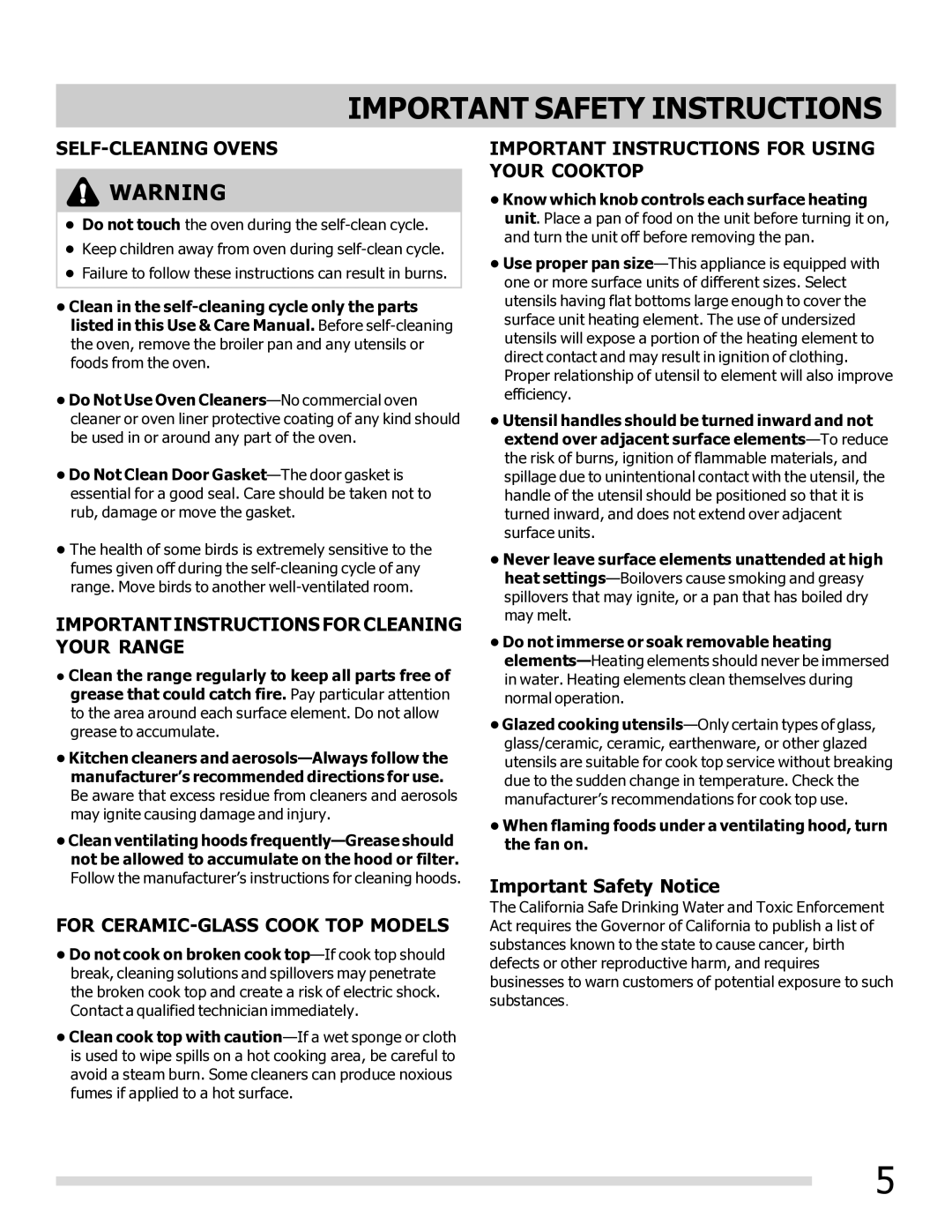 Frigidaire DGEF3041KF, FGEF3032MW Important Safety Notice, When flaming foods under a ventilating hood, turn the fan on 