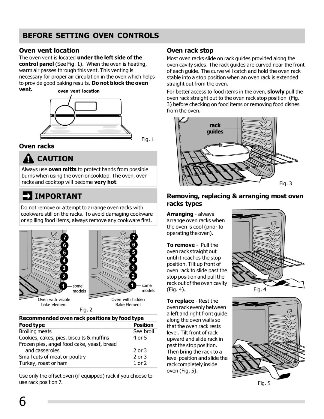 Frigidaire FGEF3032MW, FGEF3032MB, FGEF3032MF Before Setting Oven Controls, Oven vent location, Oven racks, Oven rack stop 