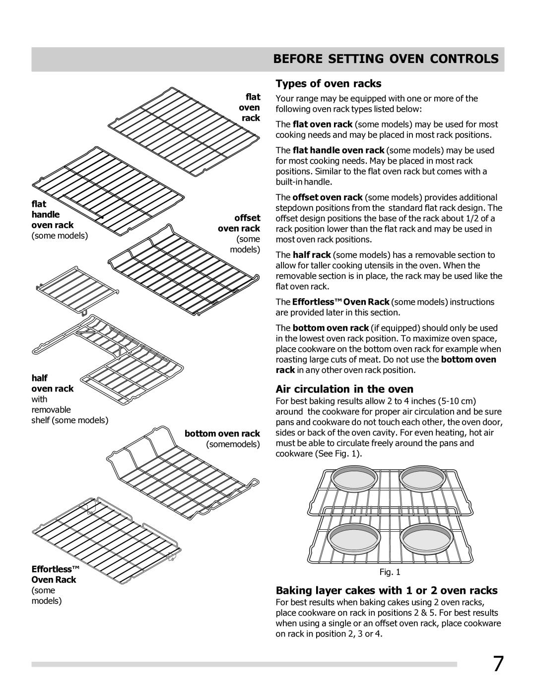 Frigidaire FGEF3032MB Types of oven racks, Air circulation in the oven, Baking layer cakes with 1 or 2 oven racks 