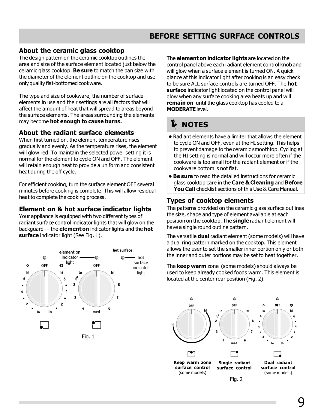 Frigidaire DGEF3041KF-PKG Before Setting Surface Controls, About the ceramic glass cooktop, Types of cooktop elements 