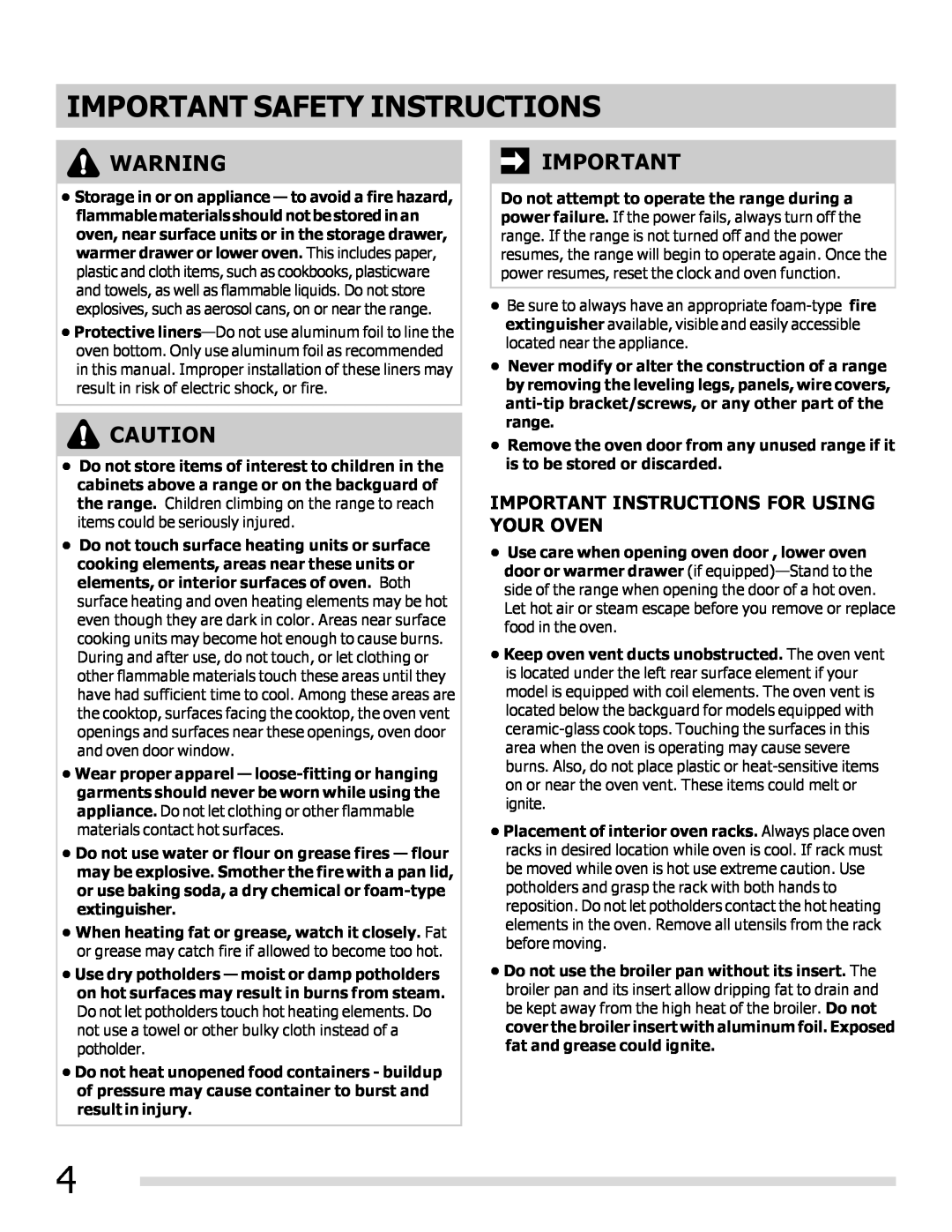 Frigidaire DGEF3031KW, FGEF3032MW, FGEF3032MB Important Instructions For Using Your Oven, Important Safety Instructions 