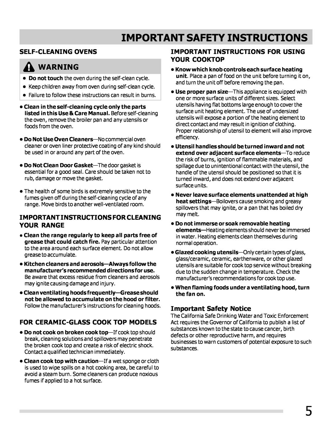Frigidaire DGEF3041KF Self-Cleaning Ovens, Important Instructions For Cleaning Your Range, Important Safety Notice 