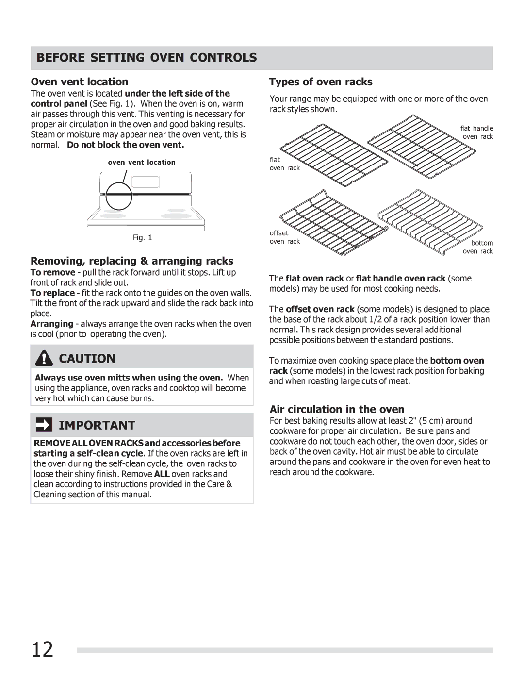 Frigidaire FGEF3041KF manual Before Setting Oven Controls, Oven vent location, Removing, replacing & arranging racks 