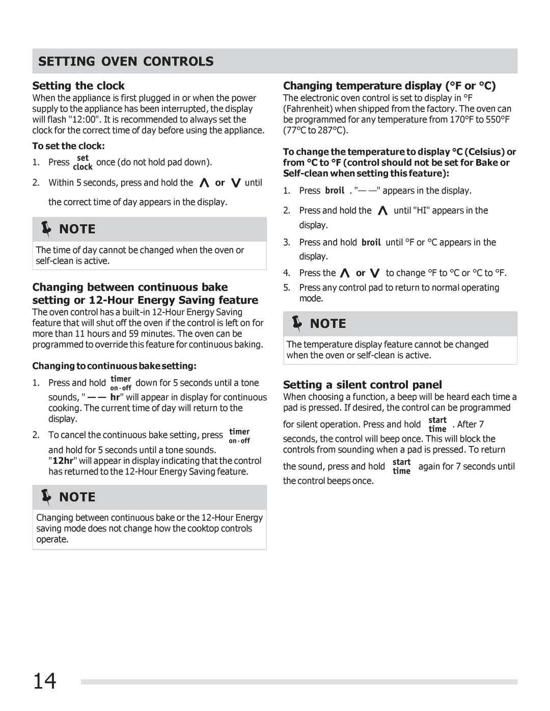 Frigidaire FGEF3041KF manual Setting Oven Controls, Setting the clock, Changing temperature display F or C 