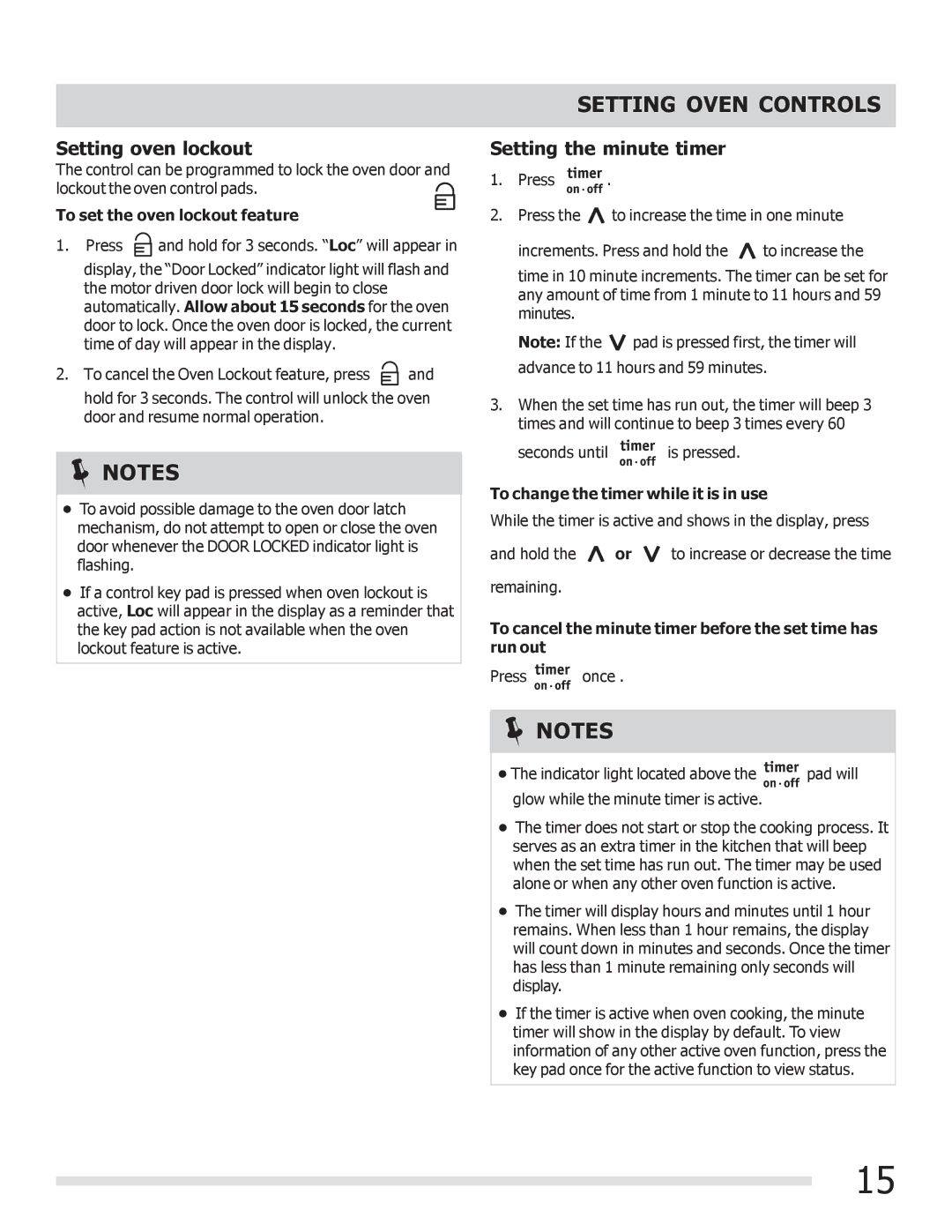 Frigidaire FGEF3041KF manual Setting oven lockout, Setting the minute timer, To set the oven lockout feature 