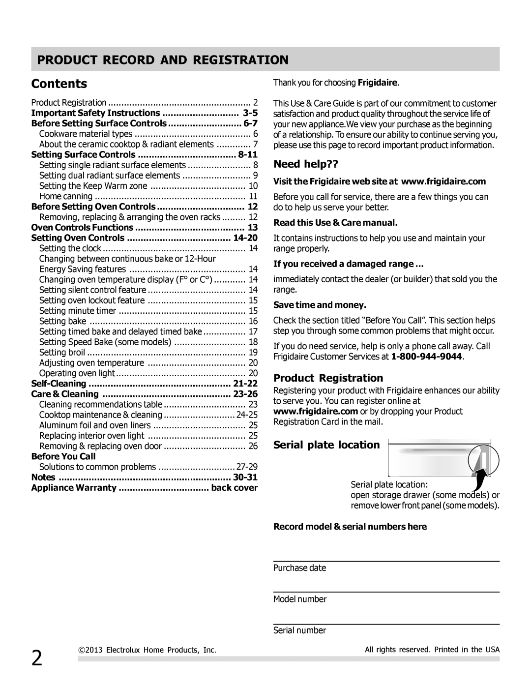 Frigidaire FGEF3041KF manual Product Record and Registration, Contents 