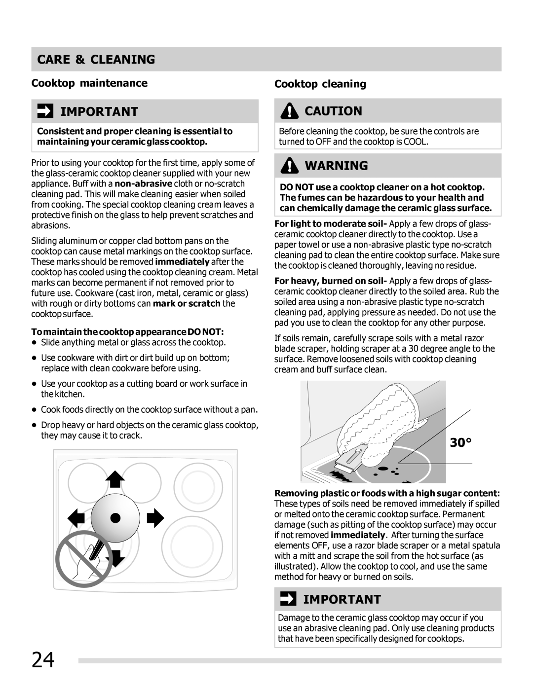 Frigidaire FGEF3041KF manual Cooktop maintenance, Cooktop cleaning, To maintain the cooktop appearance do not 