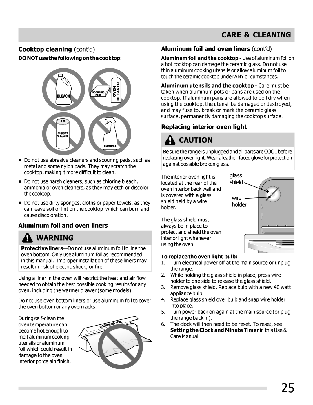 Frigidaire FGEF3041KF Cooktop cleaning cont’d, Aluminum foil and oven liners cont’d, Replacing interior oven light 