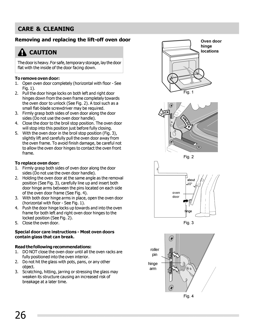 Frigidaire FGEF3041KF manual Removing and replacing the lift-off oven door, To remove oven door, To replace oven door 