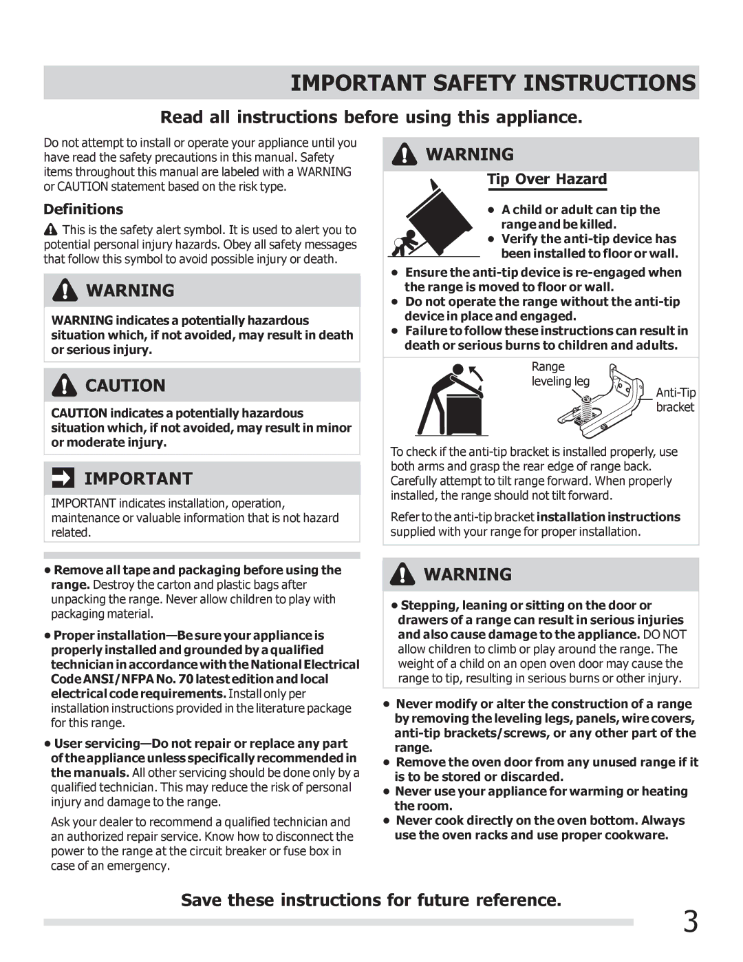 Frigidaire FGEF3041KF manual Definitions, Tip Over Hazard 