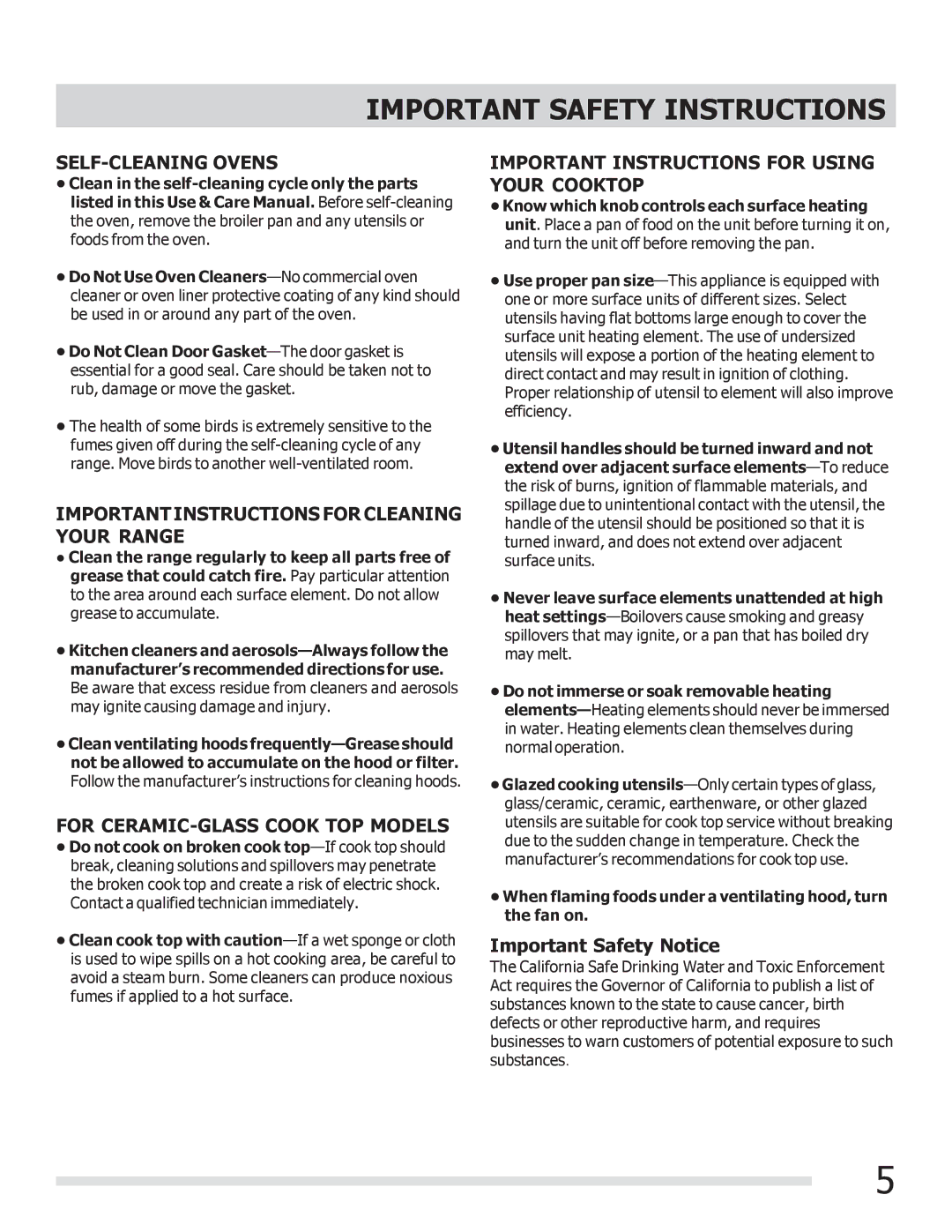 Frigidaire FGEF3041KF manual Important Safety Notice, When flaming foods under a ventilating hood, turn the fan on 