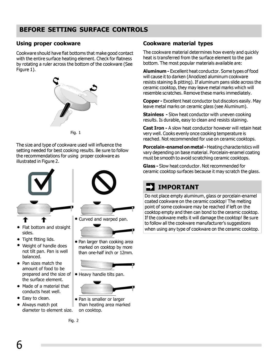 Frigidaire FGEF3041KF manual Before Setting Surface Controls, Using proper cookware, Cookware material types 