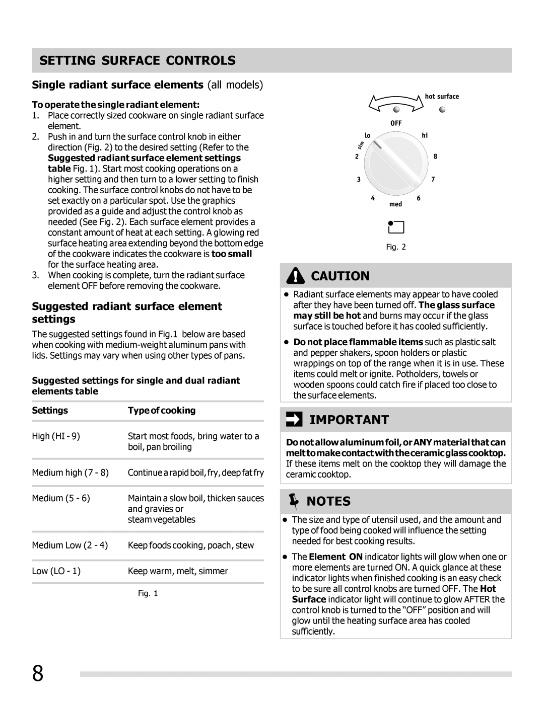 Frigidaire FGEF3041KF manual Setting Surface Controls, Single radiant surface elements all models 