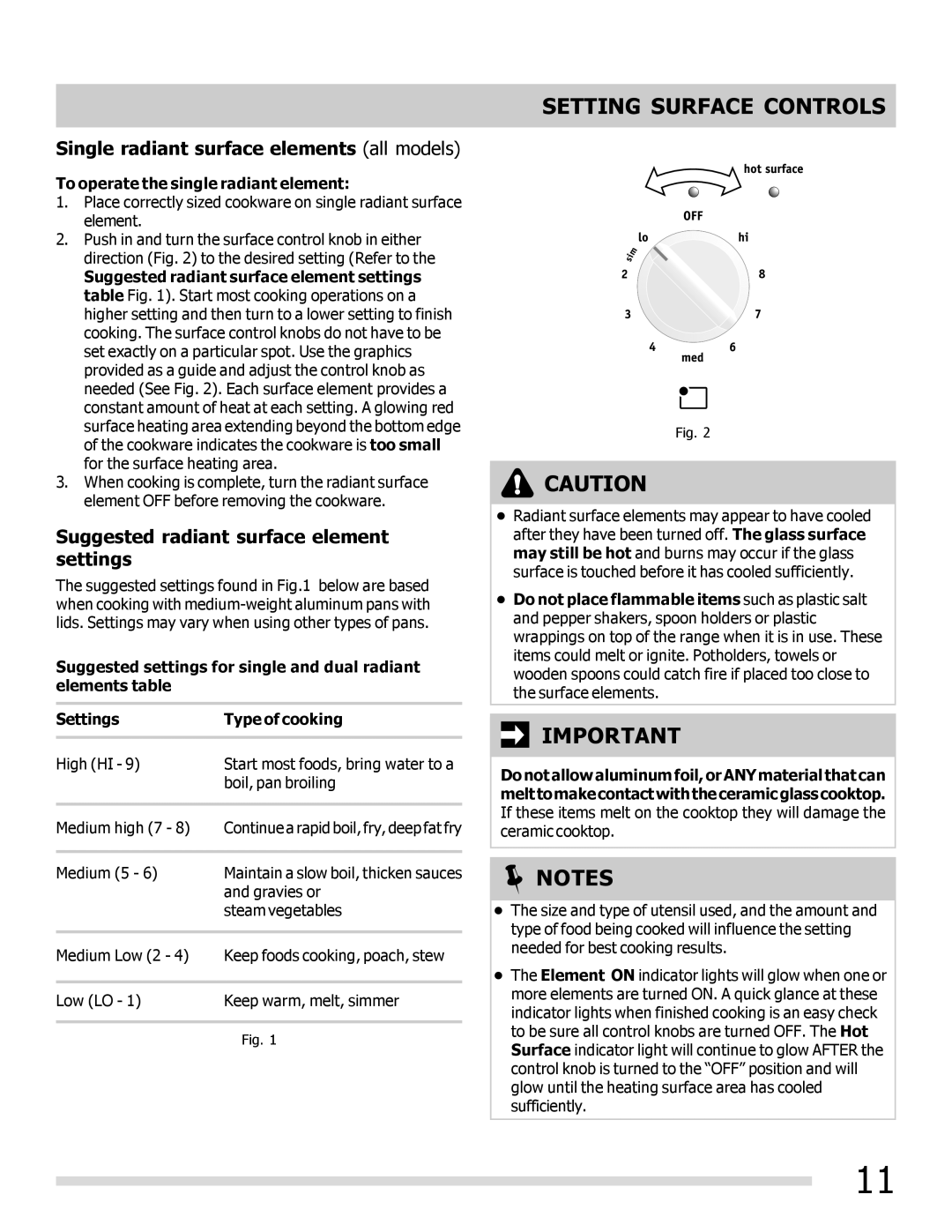 Frigidaire FGEF3042KF manual Setting Surface Controls, Single radiant surface elements all models 