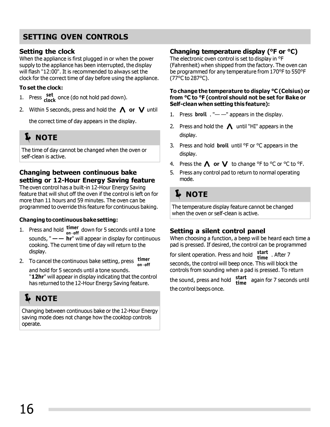 Frigidaire FGEF3042KF manual Setting Oven Controls, Setting the clock, Changing temperature display F or C 