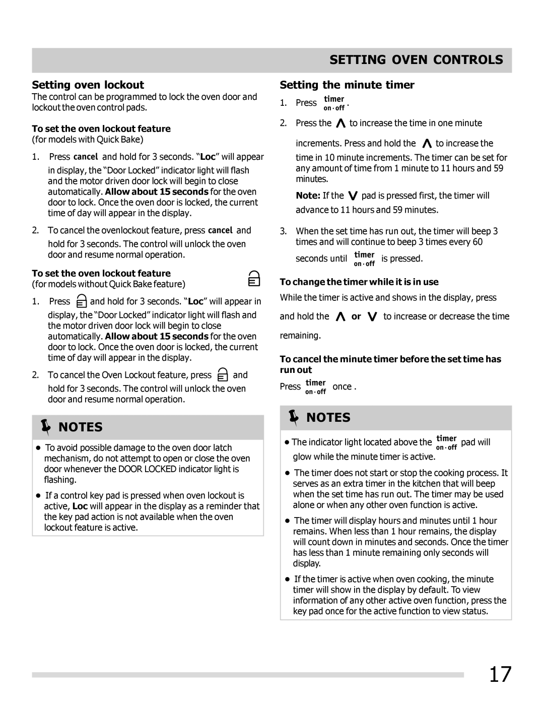 Frigidaire FGEF3042KF manual Setting oven lockout, Setting the minute timer, To change the timer while it is in use 