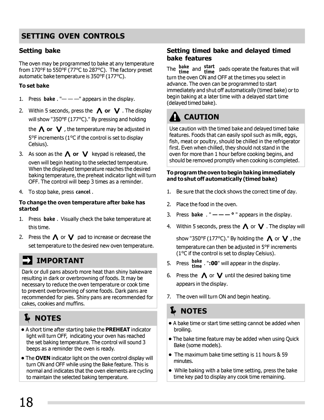 Frigidaire FGEF3042KF manual Setting bake, Setting timed bake and delayed timed bake features, To set bake 