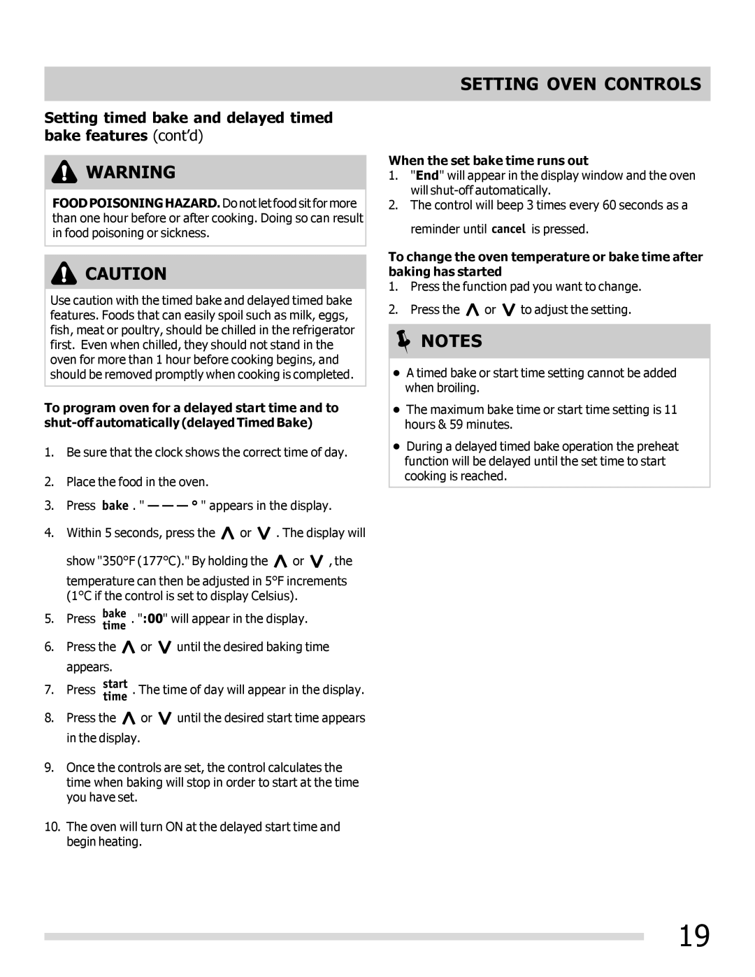 Frigidaire FGEF3042KF manual Setting timed bake and delayed timed bake features cont’d, When the set bake time runs out 