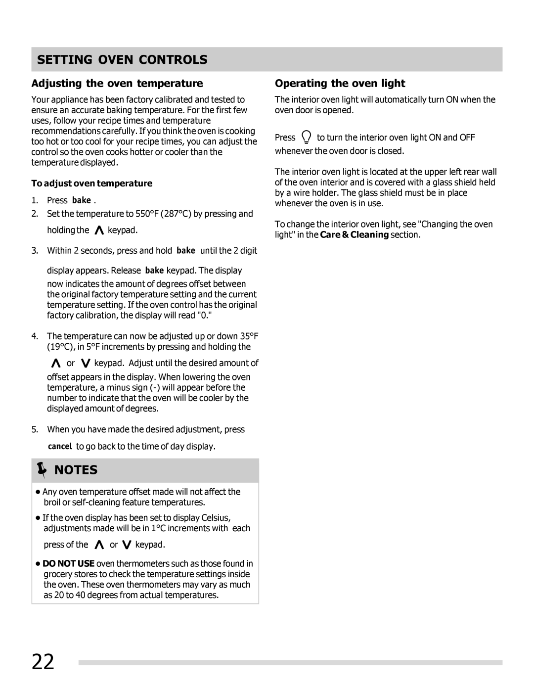 Frigidaire FGEF3042KF manual Adjusting the oven temperature, Operating the oven light, To adjust oven temperature 