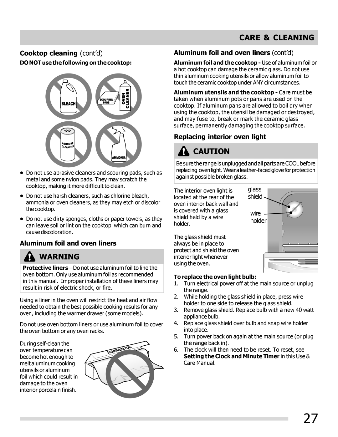 Frigidaire FGEF3042KF Cooktop cleaning cont’d, Aluminum foil and oven liners cont’d, Replacing interior oven light 