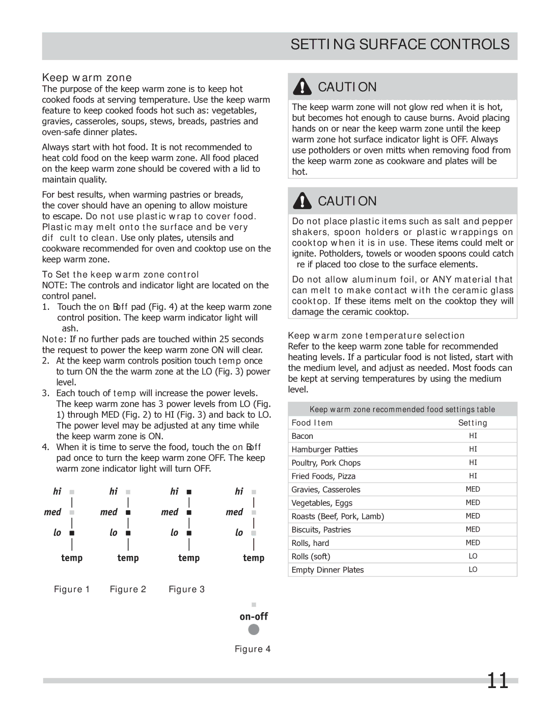 Frigidaire FGEF304DKF, FGEF304DKW, FGEF304DKB Keep warm zone recommended food settings table Food Item 