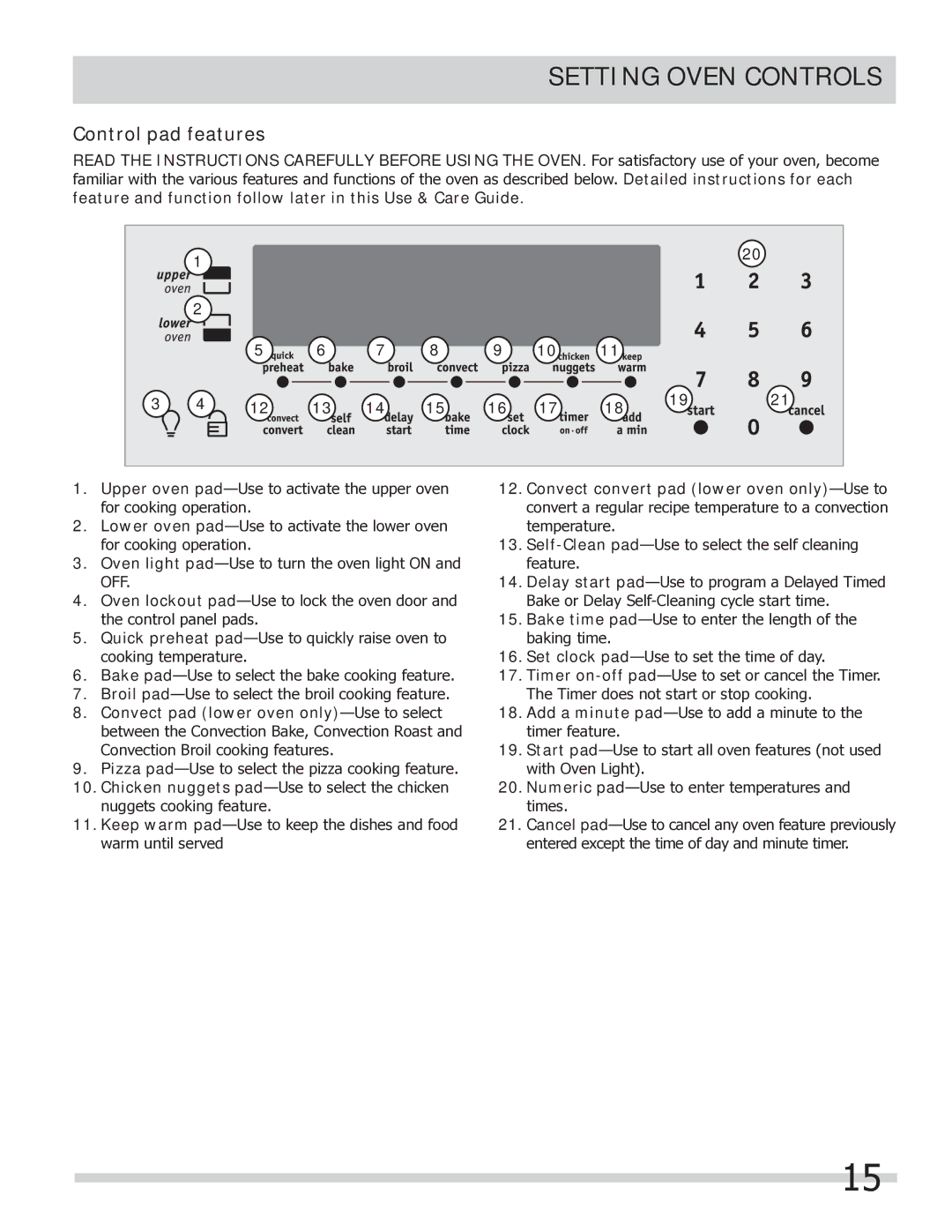 Frigidaire FGEF304DKW, FGEF304DKB, FGEF304DKF important safety instructions Setting Oven Controls, Control pad features 