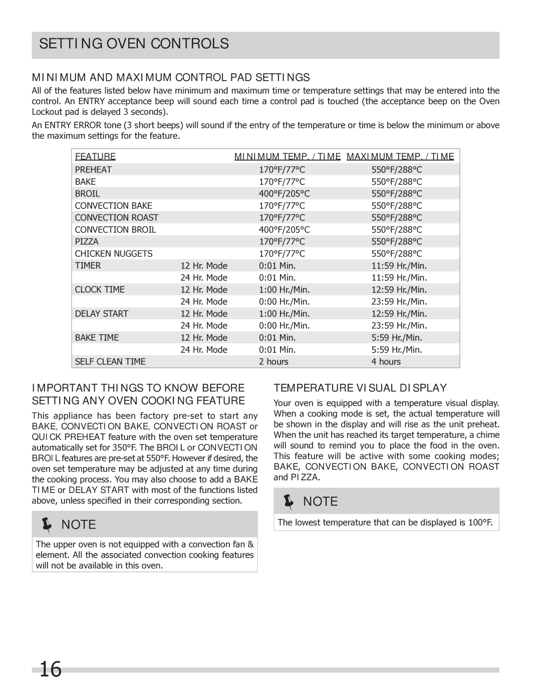 Frigidaire FGEF304DKB, FGEF304DKW, FGEF304DKF Minimum and Maximum Control PAD Settings, Temperature Visual Display 